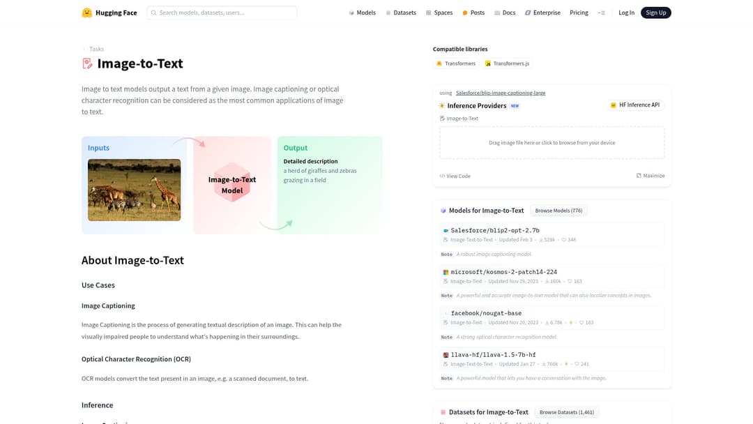 Hugging Face Image to Text: A Guide to AI-Powered Image Captioning website screenshot